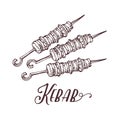 Hand drawn vector illustration of kebab on skewers. Meat on the grill.