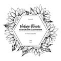 Hand drawn vector illustration. Label with sunflowers. Botanical