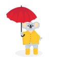Hand drawn vector illustration of a little koala bear in yellow raincoat and rubber boots walking under an red umbrella in cartoon Royalty Free Stock Photo