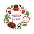 Hand drawn vector illustration of magnesium food sources. Round composition. Healthy nutrition concept. Royalty Free Stock Photo