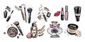 Hand drawn vector set of make up artist objects. Cosmetics concept with powder, lipstick, blush, brushes, tone cream