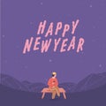 Hand drawn vector illustration of a man sitting on a bench on snow background. Happy New Year Typography. Royalty Free Stock Photo