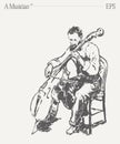 Hand drawn vector illustration of a man is sitting in a chair playing a cello. Isolated sketch. Royalty Free Stock Photo