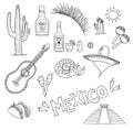 Hand-drawn vector illustration - Mexico. Mexico icons.