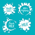 Hand drawn vector illustration - Milk lables for your design. White splashes on blue background with calligraphic phrases. Royalty Free Stock Photo