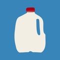 Hand drawn vector illustration of milk in plastic white gallon jug with red cap. Isolated on blue background. Royalty Free Stock Photo