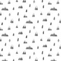Hand drawn vector illustration of mountain and tree pattern in drawing style. Cute forest background in black and white. Royalty Free Stock Photo