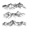 Hand drawn vector illustration - mountains. Sketch style. Outdoor camping background. Landscape nature