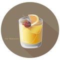 Hand drawn vector illustration of The Old Fashioned alcohol whiskey or brandy cocktail with a citrus orange slice and a cherry