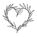 Hand drawn vector illustration - Olive branch, Heart Shaped Wreath Royalty Free Stock Photo