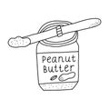 Hand drawn vector illustration of open peanut butter glass or plastic jar with knife scoop of peanut butter. Cartoon