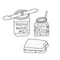 Hand drawn vector illustration of open peanut butter glass or plastic jar with knife scoop of peanut butter, jar with