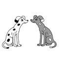 Hand drawn vector illustration of a pair of beautiful happy young white and gray dogs with spots is sitting on a white