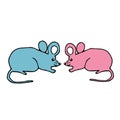 Hand drawn vector illustration of a pair of beautiful little pink and blue young mice on a white background