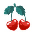 Hand drawn vector illustration of pair of heart shaped cherries. A drawing of cute red berries