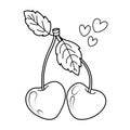 Hand drawn vector illustration of pair of heart shaped cherries.Romantic doodle sketch, graphic line art, colouring page