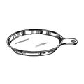 hand drawn vector illustration of pan, ink sketch of iron frying pan, black and white illustration of kitchen utensils