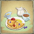 Hand drawn vector illustration of a pancakes, berries, cup of tea and honey