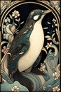 Hand drawn vector illustration of a penguin with floral ornament on dark background