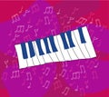 Hand-drawn vector illustration of a piano keyboard on a colored background with notes. Keys. Jazz, classical music. Musical instr