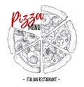 Hand drawn vector illustration - pizza menu Italian restaurant