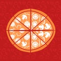 Hand-Drawn vector Illustration. Pizza on red background.