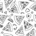 Hand drawn vector illustration - pizza. Types of pizza: Pepperoni, Margherita, Hawaiian, Mushroom. Sketch style