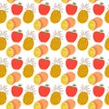 Hand drawn vector illustration - seamless pattern with colorful doodle fruits and berries. Original decorative background for your Royalty Free Stock Photo