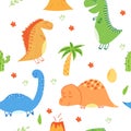 Hand drawn vector illustration of seamless pattern of cute dinosaurs and elements like volcano, palm tree, stone
