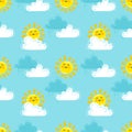 Hand drawn vector illustration. Seamless pattern with cute fluffy clouds and smiling sun