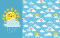 Hand drawn vector illustration. Seamless pattern with cute rainbow,rain cloud and smiling sun