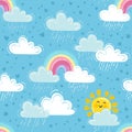 Hand drawn vector illustration. Seamless pattern with cute rainbow,rain cloud and smiling sun