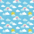 Hand drawn vector illustration. Seamless pattern with cute rainbow,rain cloud and smiling sun