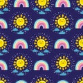 Hand drawn vector illustration. Seamless pattern with cute rainbow, rain cloud and smiling sun