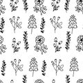 Hand drawn vector illustration. Seamless pattern with silhouettes of simple grass, wild flowers and twigs. Royalty Free Stock Photo