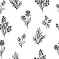 Hand drawn vector illustration. Seamless pattern with silhouettes of simple grass, wild flowers and twigs.