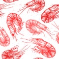 Hand drawn vector illustration - Seamless patterns with shrimp.