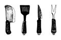 Hand drawn vector illustration of a set of kitchen appliances for barbecue. knife, two-pronged fork, cleaver, kitchen spatula