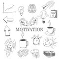 Hand drawn vector illustration set of motivation and buisness sign and symbol doodles elements.