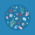 Hand drawn vector illustration of set with under water sea animals and plants set items like seashells, seaweed, kelp