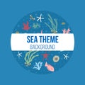 Hand drawn vector illustration of set with under water sea animals and plants set items like seashells, seaweed, kelp