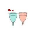 Hand drawn vector illustration of silicone menstrual cup with blood splashes in cartoon style. Women hygiene health body care