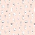 Hand drawn vector illustration of skin care pattern.White plastic cosmetic jar product.