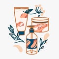 Hand drawn vector illustration skincare cosmetics tubes and jar. Boho illustration of natural make up collection for shop