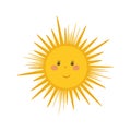 Hand drawn vector illustration of smiling sun. Cute sunny character isolated on white background.