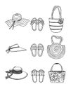 Hand drawn vector illustration. Summer shoes, flip-flops, sandals, hats and bags with decor. Set, collage of fashionable