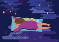 Girl laying on carpet and flying in night sky. Traveling in a dream art concept