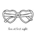 Hand drawn vector illustration of sunglasses in heart shaped frames. Romantic doodle sketch for valentine's day.