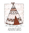 Hand drawn vector illustration with tee pee wigwam, North American Indian teepee Royalty Free Stock Photo