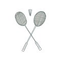 Hand drawn vector illustration of two crossed badminton racquets or rackets with shuttlecock birdie. Cartoon doodle Royalty Free Stock Photo